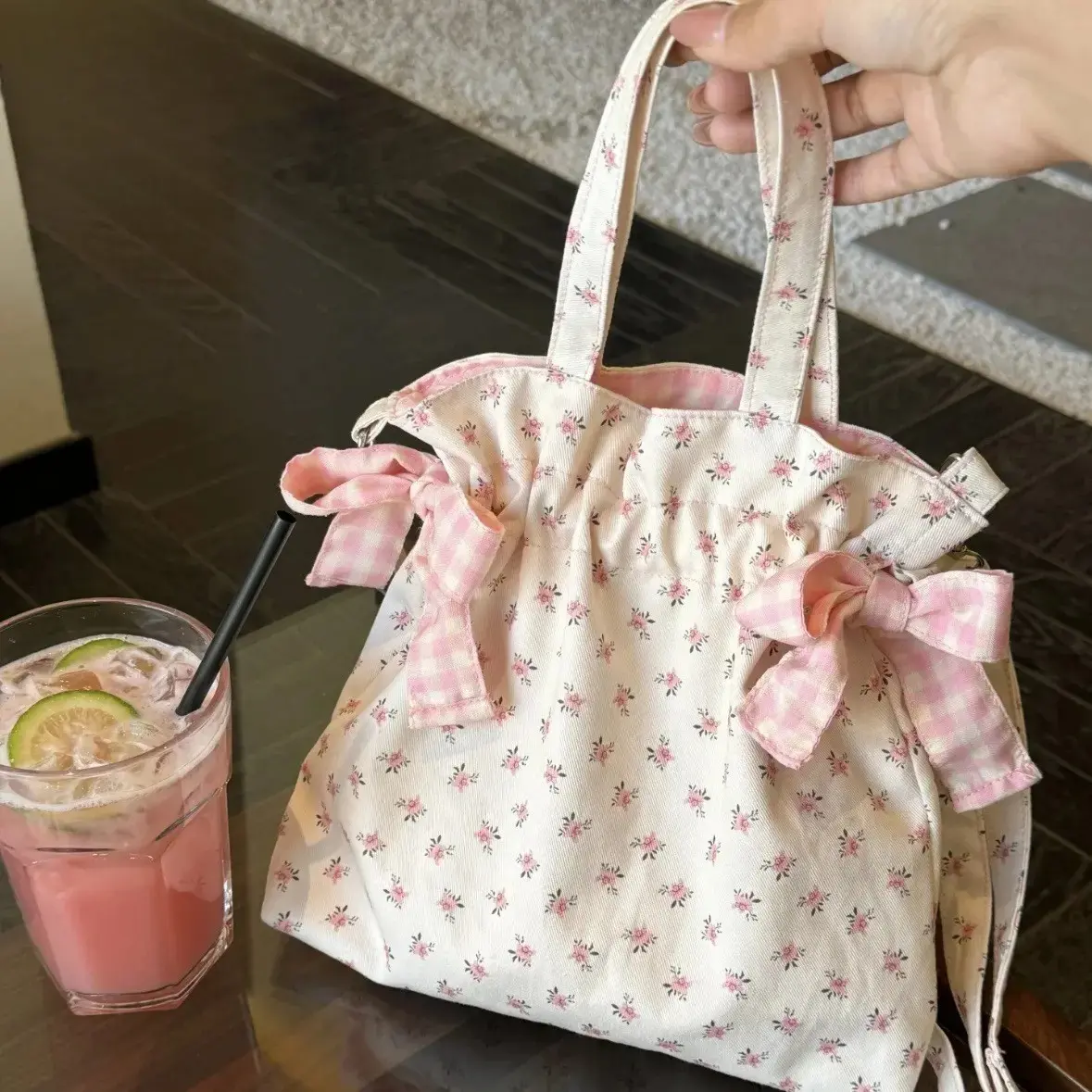 Women’s Floral Pattern Mini Crossbody Bag - Cute Drawstring Secure Closure Shoulder Purse with Plaid Bow, Compact Lightweight Phone Bag for Daily Carry, Sports & Outdoor Use