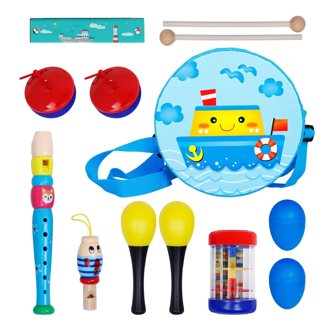 Sy-64 Orff Percussion Set, Blue Carry Bag, Musical Toy Kit, Includes Drum, Flute, Whistle, Rainstick, Harmonica, Rattles, Sand Shakers