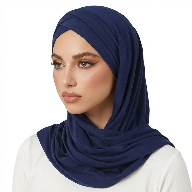 Viral Navy Blue Cross Front Instant Hijab Scarf Soft Stretch Jersey V-Cross Forehead Full Coverage Neck Wrap Women Daily Wear Modest Fashion