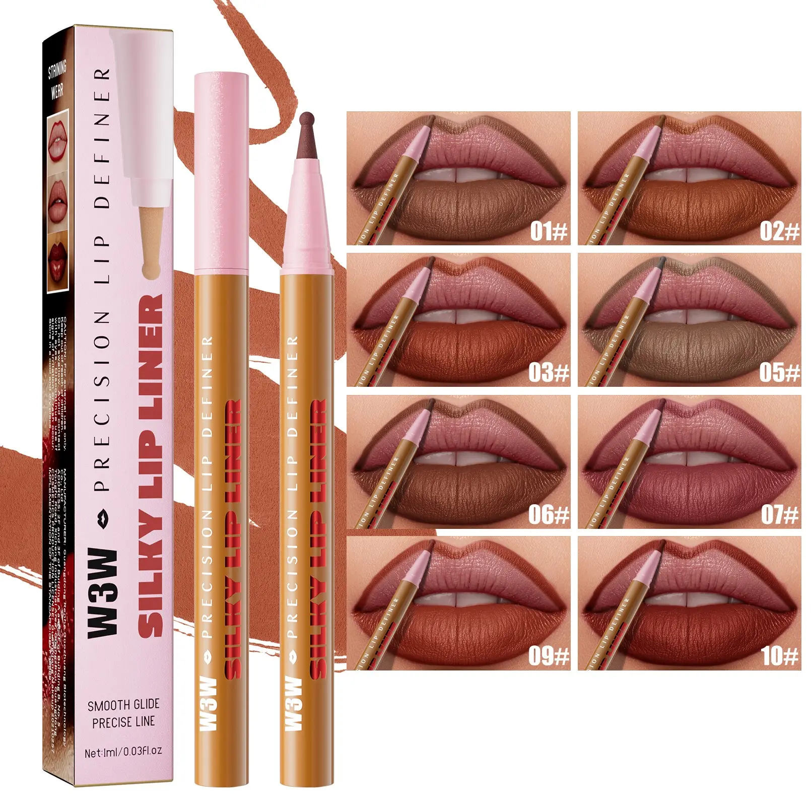 1PC Nude Lip Liner Pen 10 Shades W3W Silky Matte Lip Definer Round‑tip Brush Smooth Application Long‑Wearing Neutral Brown Tones For Daily Natural Lip Makeup Beauty Gift Lipliner