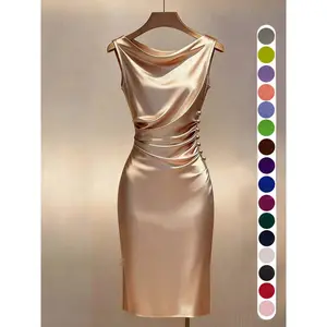 Champagne Knit Satin Evening Gown Women Sleeveless Midi Length Waist Cinching Ruched Accents Classic Button Details Ideal Summer Formal Outfit