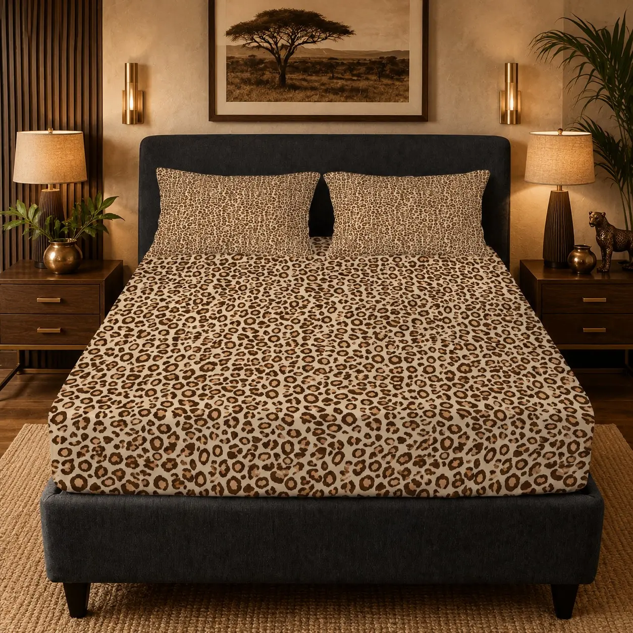 Leopard Print Fitted Sheet Set, 3 Pieces (1 Fitted Sheet + 2 Pillowcases, Without Pillow Insert), Wild Animal Pattern Bedding Set, Decorative Bedsheet Sets, Breathable Deep Pocket Design, Ideal for Teen & Adult Bedroom Decor