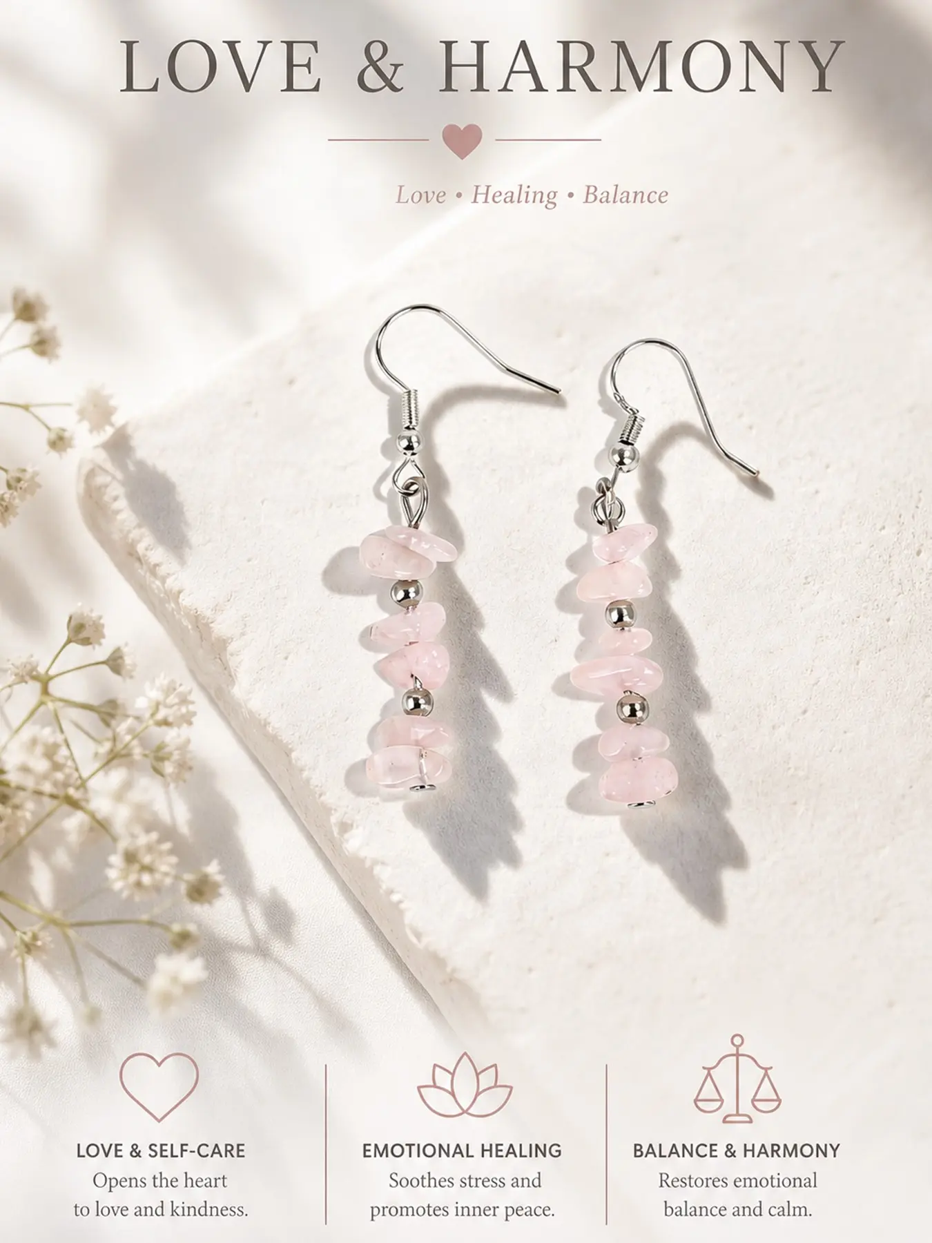 "Nature's Harmony" Genuine Natural Stone Beaded Boho Chic Crystal Earrings - Soft Energy Crystals for Personal Balance, Positivity & Everyday Joy