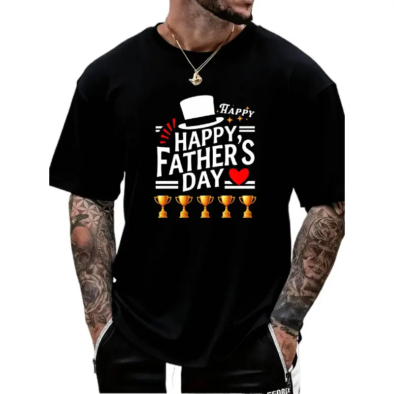 Men's Summer Casual Short-Sleeve Graphic T-Shirt - Happy Father's Day High Hat Trophy Print, Soft Vintage Versatile Classic Basic Menswear Top, Festive Gift Idea, Round Neck, Monaco Tropical Botanical Heart Designs, Shortsleeve, Cotton