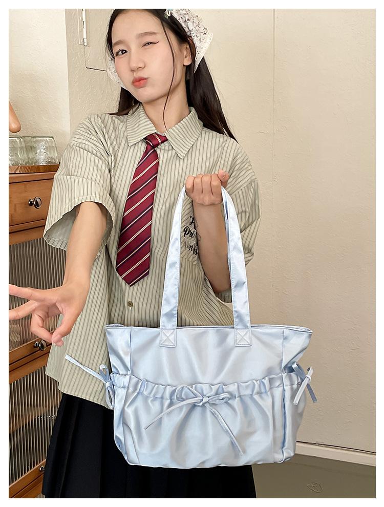 Sweet Ballet Style Girl Tote Ruched Bow Chic Student Preppy Style Shoulder Bag Large Capacity Cute Elegant Handbag
