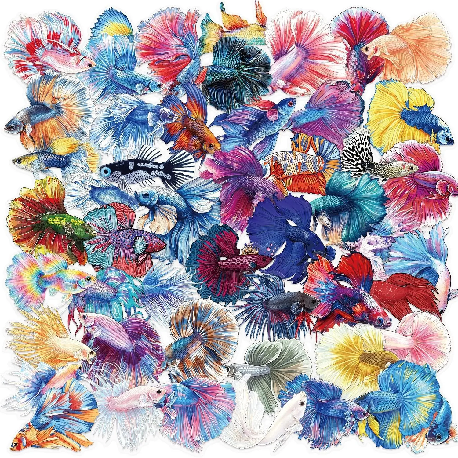50 Sheets Cartoon Peacock Fish Sticker Pack, Waterproof Transparent Pet, Journal Decoration, Guitar Notebook DIY Stickers