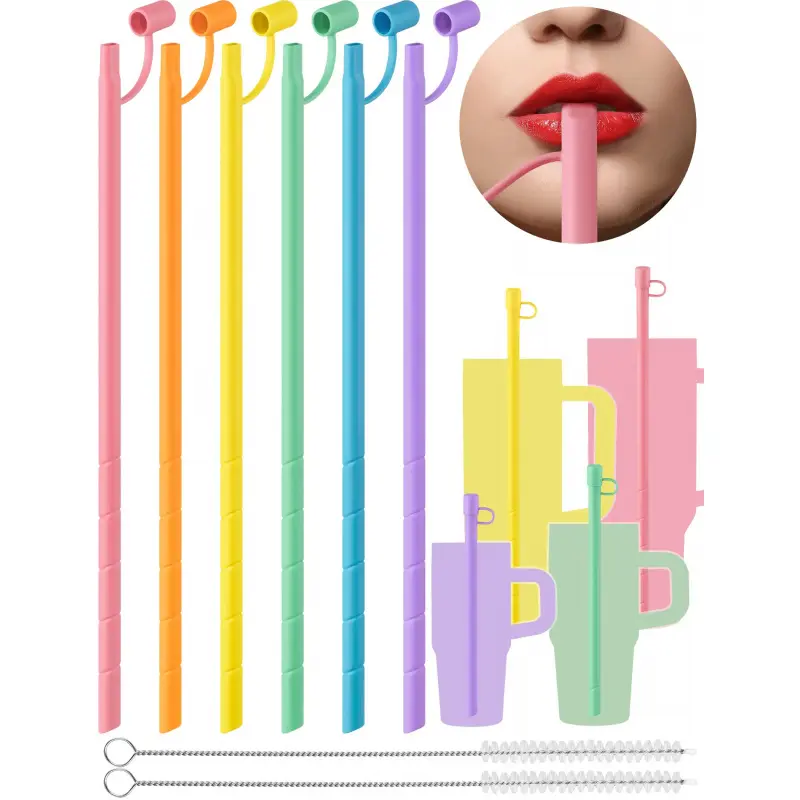 6PCS Reusable Anti-Wrinkle Straw Set Fit for Stanley Tumblers, Adjustable Length Silicone Drinking Straws with Silicone Tips Fit for 14oz 20oz 30oz 40oz, Protective Caps & Brushes