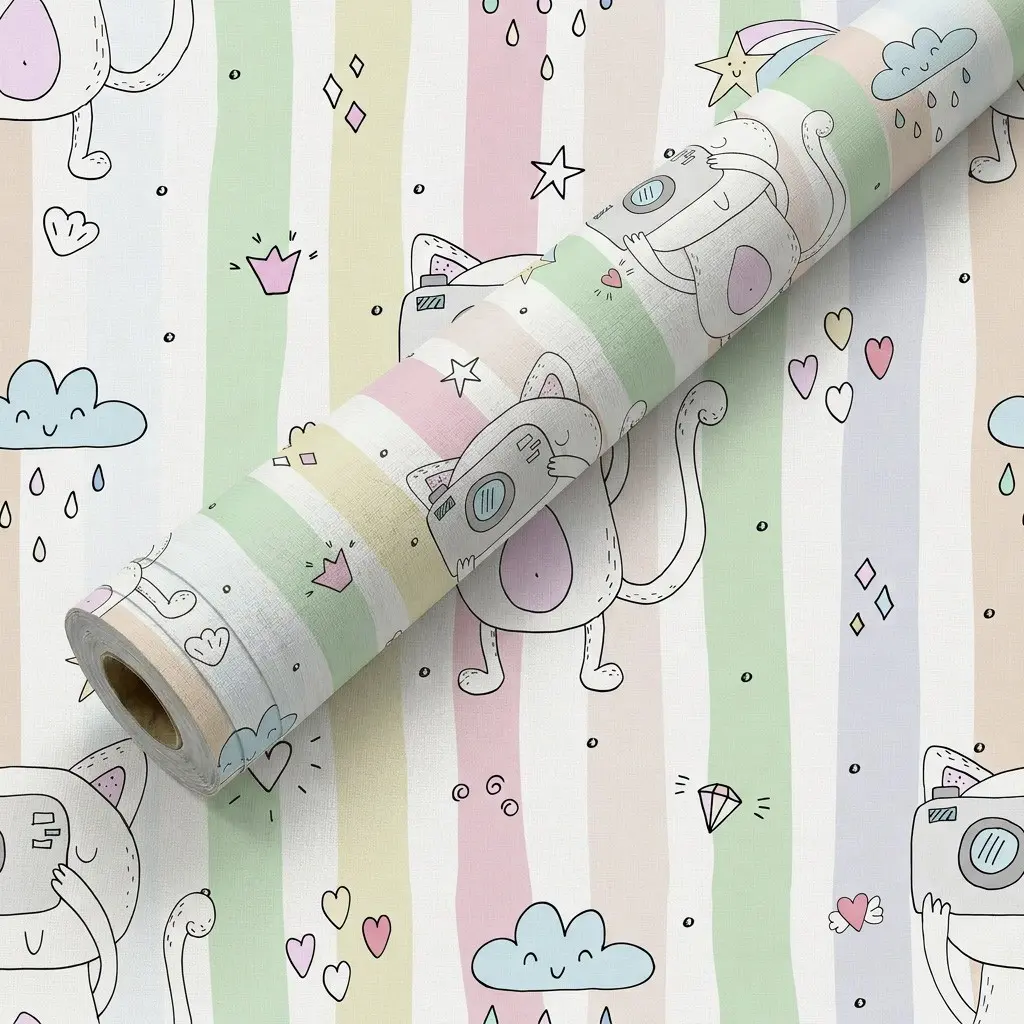 1 Roll 17.5in Width Pastel Rainbow Striped Cartoon Cat Bathroom Peel and Stick Self Adhesive PVC Wallpaper, Free Installation Tools, Waterproof Easy to Clean Cuttable Removable Wall Decals for Girls Bedroom Nursery Cabinet Rental Home Decor