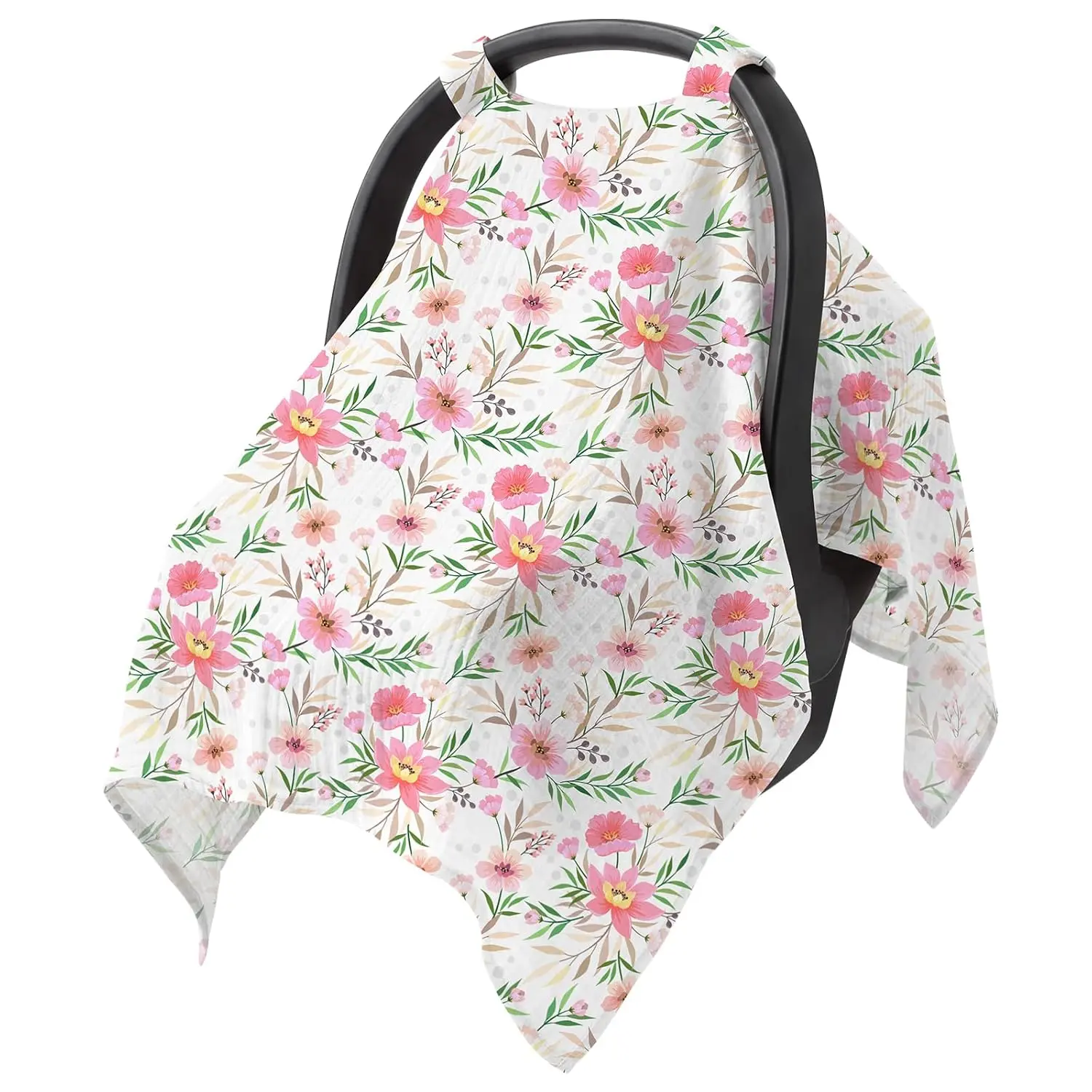 Baby Car Seat Cover - 100% Muslin Cotton Universal Breathable Canopies for Boys and Girls Soft Spring Summer Car Seat Cover Lightweight Infant Car Seat Canopy - Pink Floral