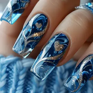 24PCS Glitter Heart Press-On Nails, Y2K Golden Line Nail Tips for Women