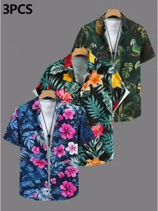 3-Pack Men's Hibiscus Parrot Print Hawaiian Shirts, Breathable Jungle Floral Tops, Casual Long Sleeve Summer Clothing