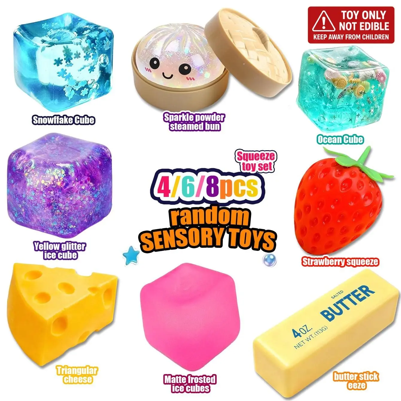 4/6/8-Piece Squishy Stress Relief Toy Set, Fun Fidget Sensory Combo Pack, Ice Cube, Strawberry & Steamed Bun Squishies, Kids Party Gift