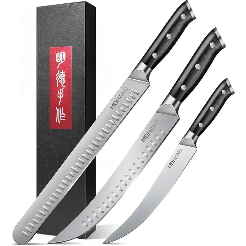 MDHAND 3PCS/4PCS Kitchen Cooking Knives Set - High Carbon Steel Durable Rust Resistant BBQ-Ready Blades, Ergonomic Pakkawood Handles, Meatknife Butcher-Boning-Slicing Tools, Home Essentials Gift for Men