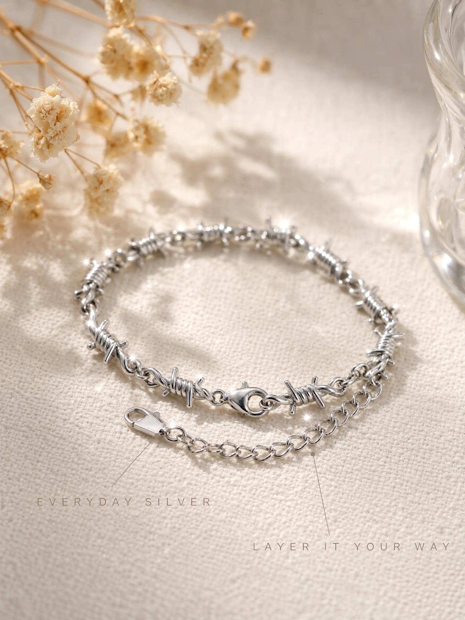 Silver Color Thorn Wire Bangle Set for Women, Bracelets Set, Stainless Steel Polished Punk Gothic Stackable Bracelet, Adjustable Extender Chain, Y2K Street Style Gift