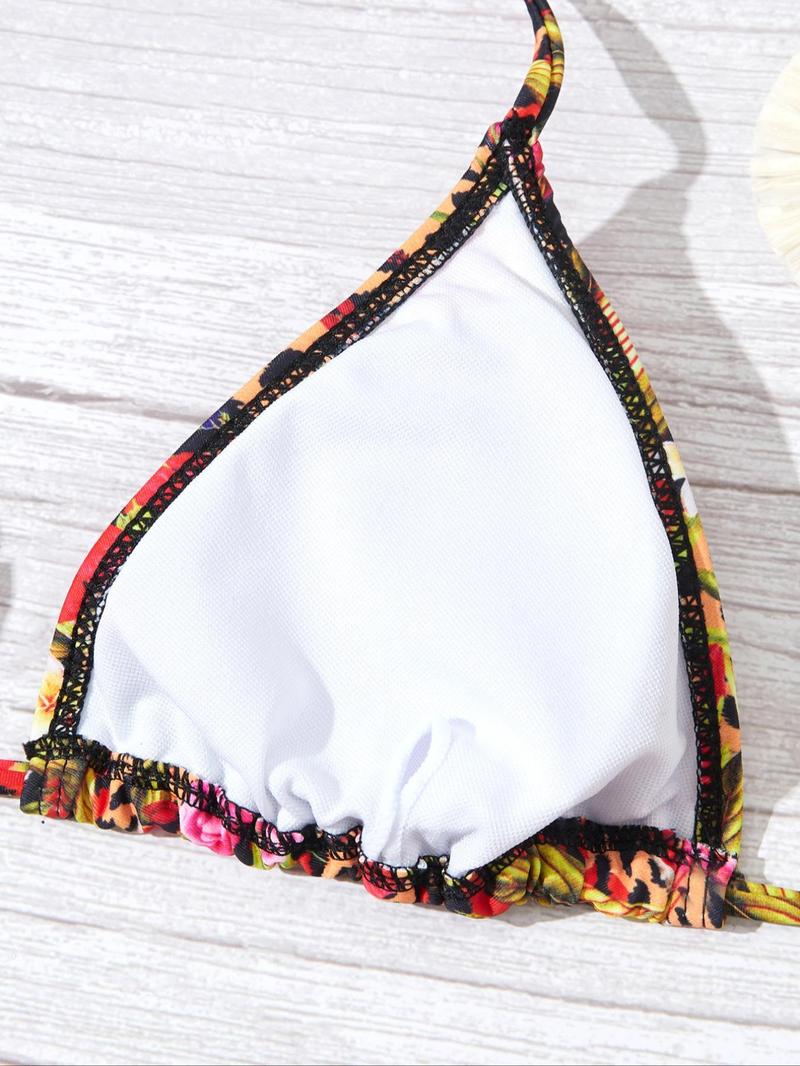 Women's 3pcs Floral Print Tie Back Bikinis Set, Halter Triangle Swim Top & Tie Side Swim Bottom & Cover Up Skirt Set, Summer Beach Holiday Vacation Swimwear Set for Women