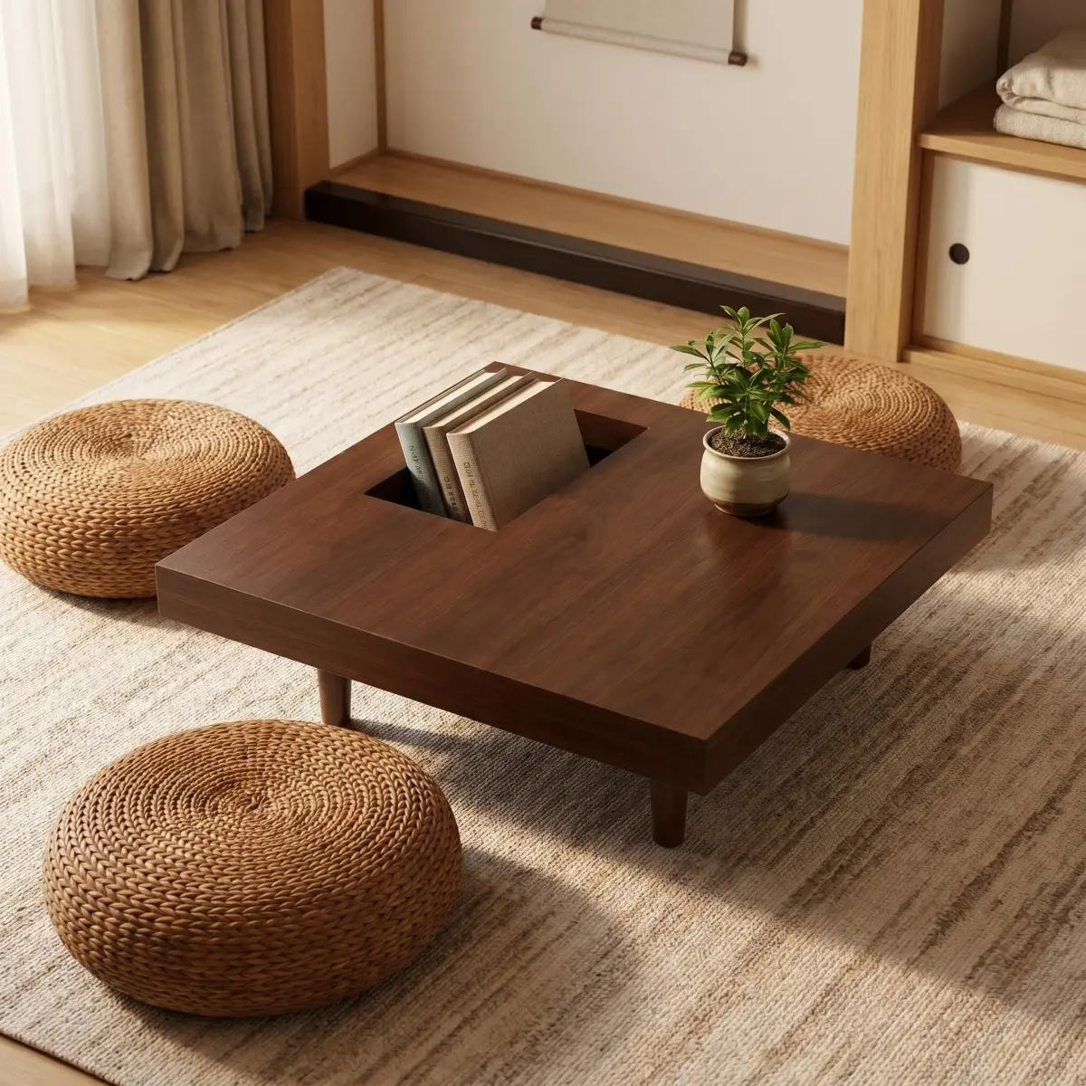 [Fahuac] 31.4" Square Coffee Table with Pedestal Base, Modern Compact Center Table for Apartment Living Room or Bedroom, Walnut.