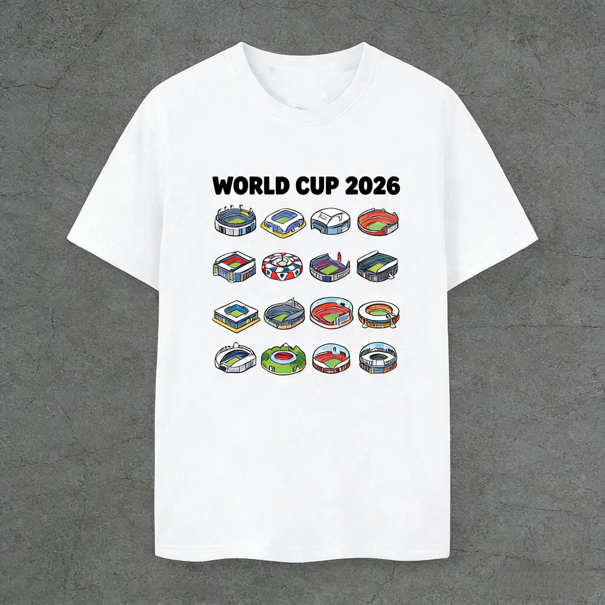 2026 World Cup 16 Stadiums Cartoon Print Short Sleeve Football Fan Commemorative T-Shirt