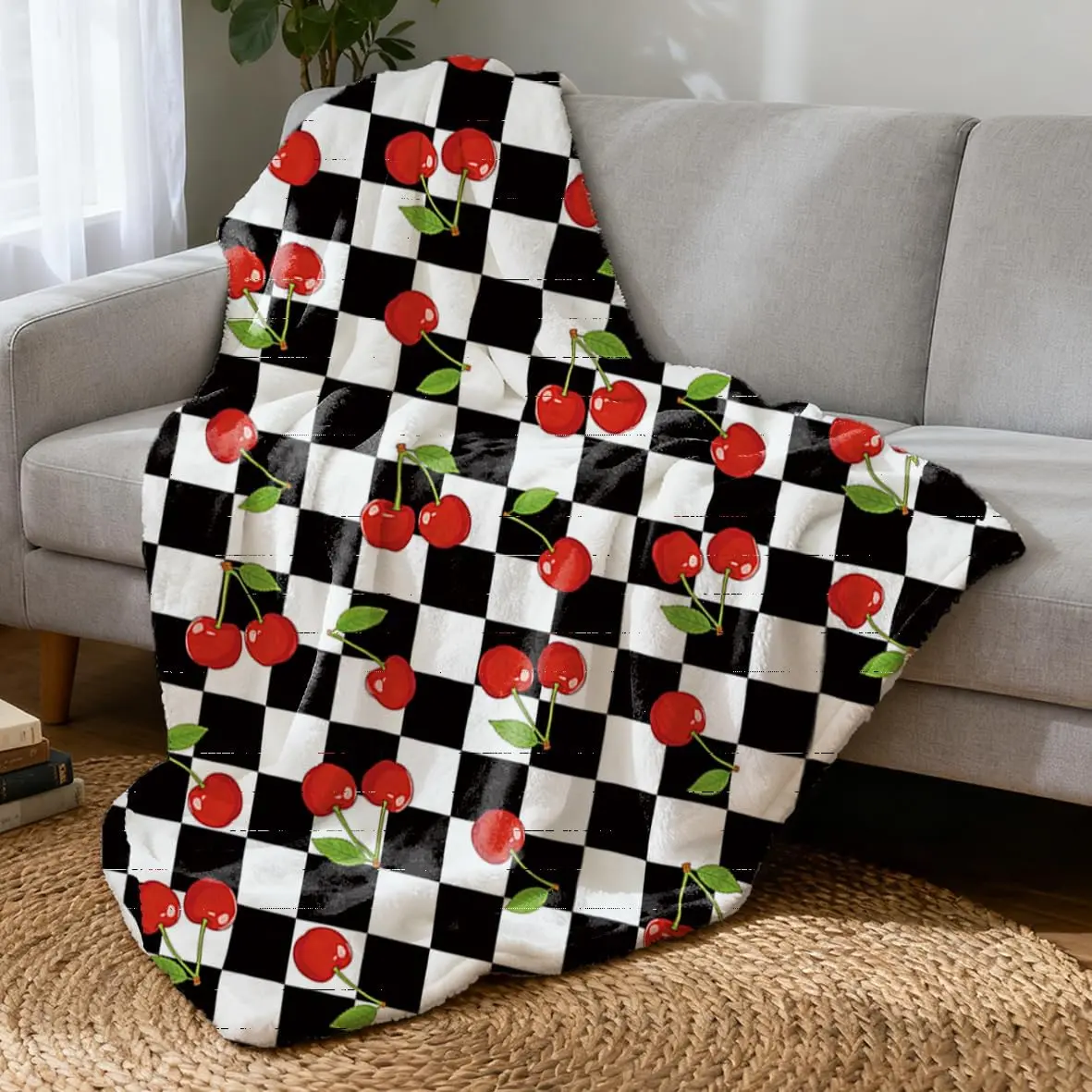 1PC Cherry pattern soft blanket, diamond pattern flannel blanket, lightweight sofa bed blanket, Blanket For Couch, Blankets For Sofa