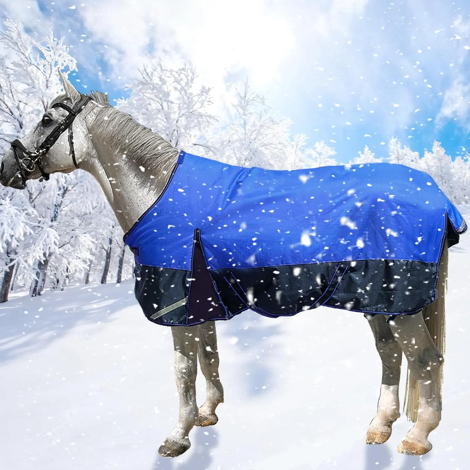 1200D Waterproof Breathable Horse Turnout Blanket Lightweight/Medium Fill Turnout Rug for Real Horses with Reflective Strips Design Dark Blue 81''