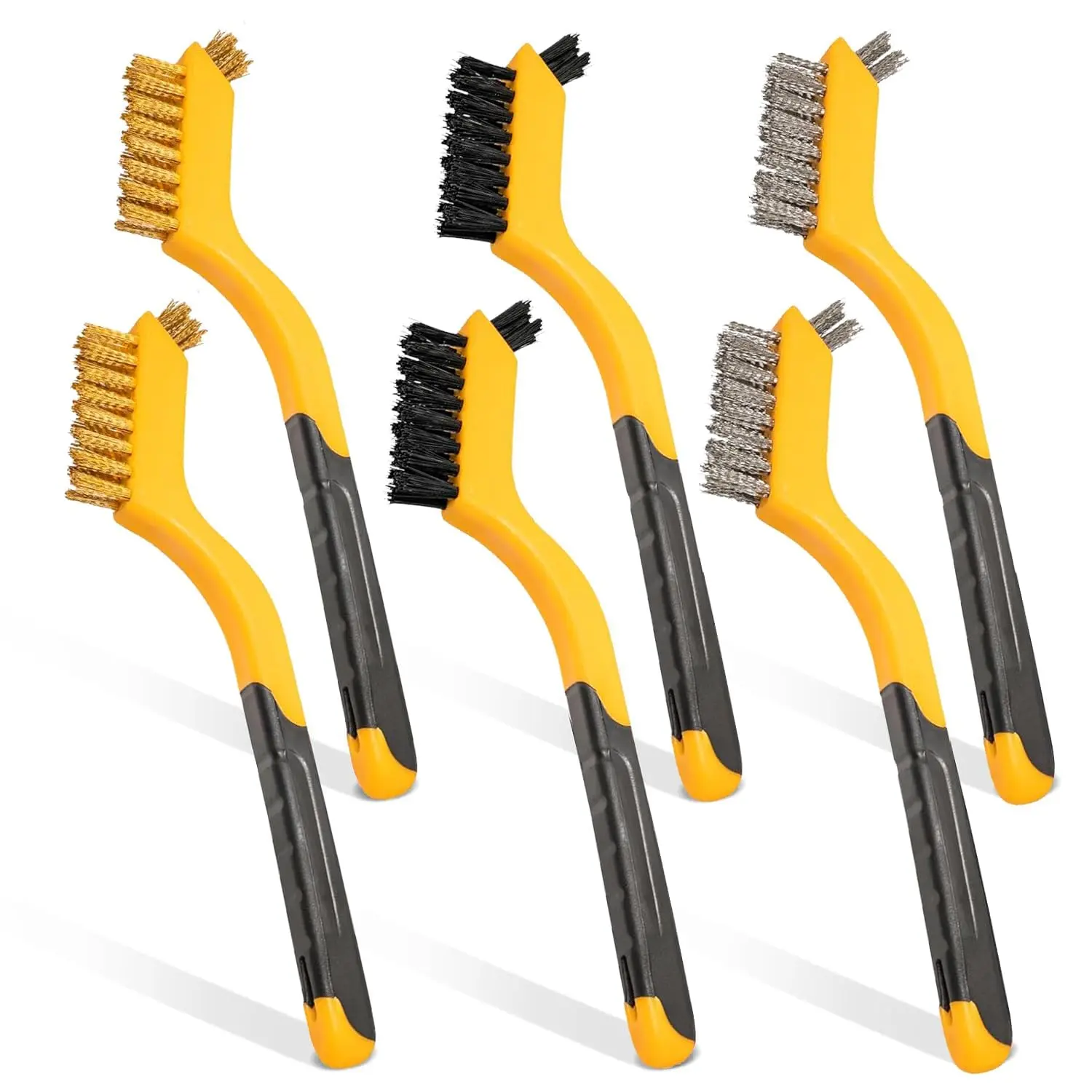 Wire Brush Set for Rust,  & Detail Cleaning – 6- Brass, Stainless Steel & Nylon Brushes with Curved Handle for Tight Spaces, Metal, Tile & Household Use