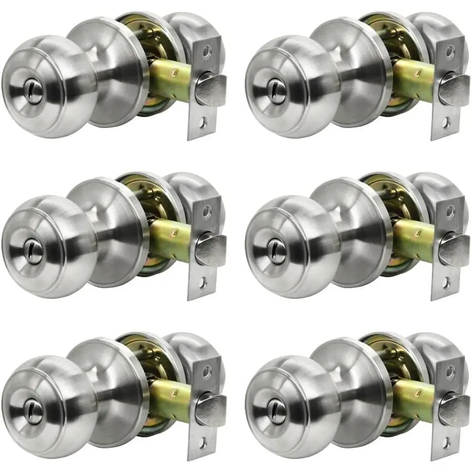 6-Pack Satin Nickel Ball-Shaped Privacy Door Knobs, Keyless Handle Doorknobs with Child Lock, Easy-Install Interior/Exterior Lockset for Bedrooms/Bathrooms, Ball-Shaped Doorknobs