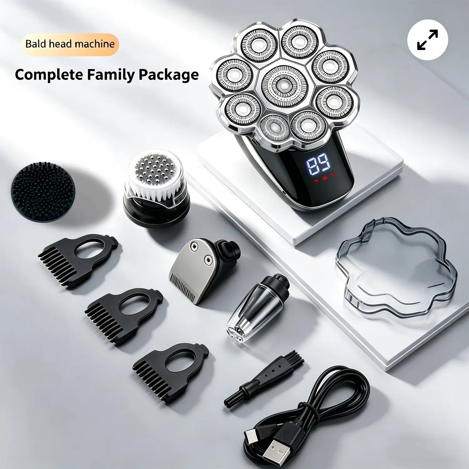 5 in 1 Electric Head Shaver for Men, Waterproof Wet/Dry Grooming Kit, Cordless Rechargeable Razor, Rechargeable Shaver Machine for Home & Travel, Shaving Products, Waterproof Portable Shaver