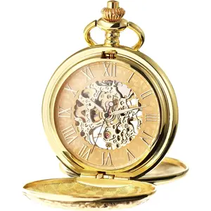 Men's Mechanical Skeleton Pocket Watch for Mens Women Blue Roman Numerals Dial Double Case Pocket Watches