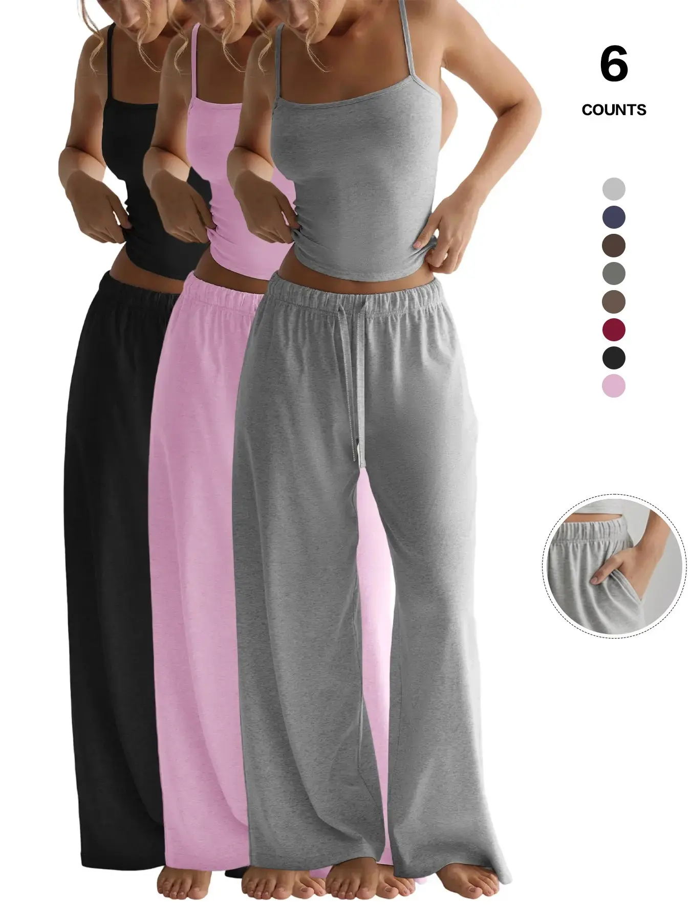Women's Two Piece Lounge Set, Spaghetti Strap Top and Wide Leg Pants, Elastic Casual Loose Fit Matching Outfit with Pockets, Clothes