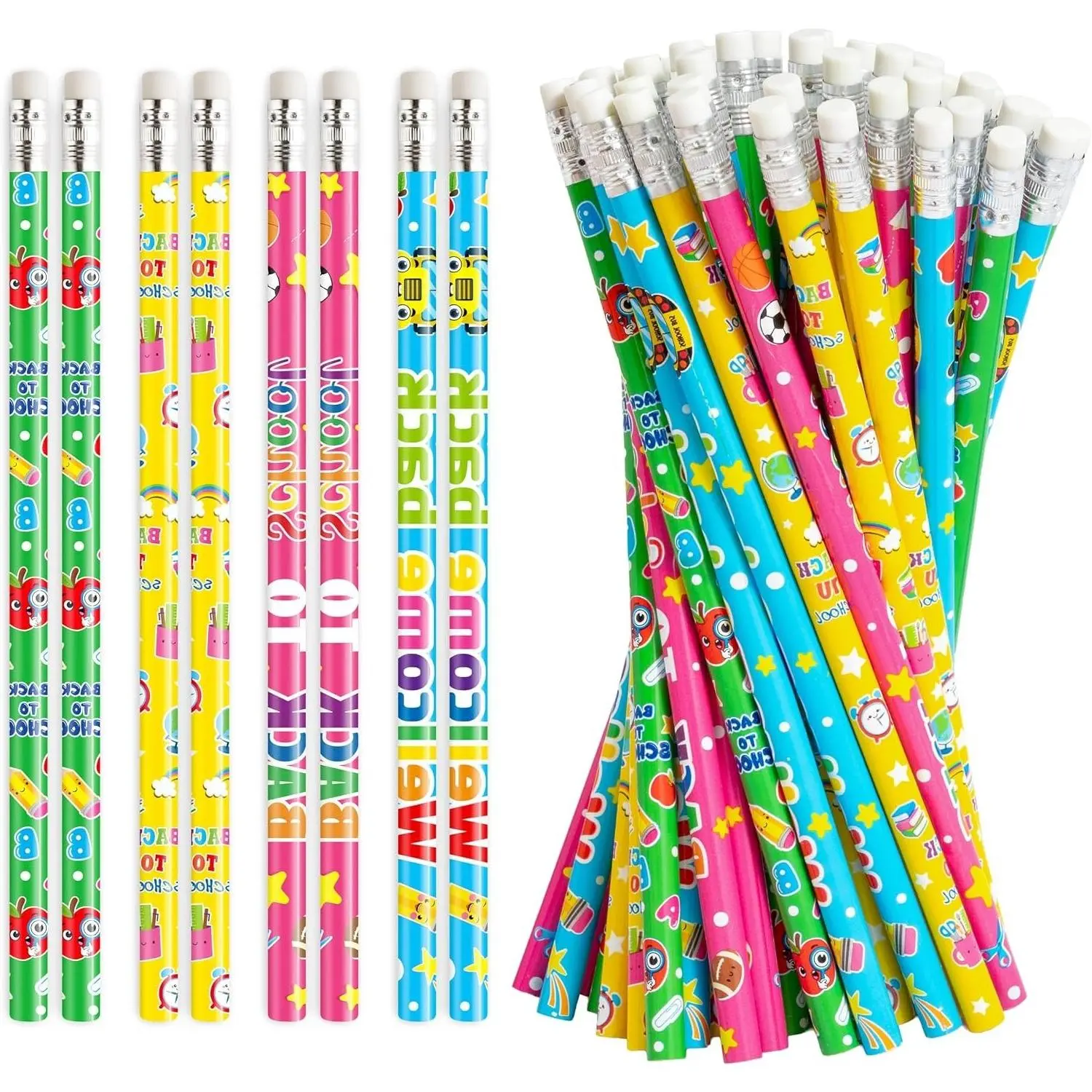 60Pcs #2 HB Pencils with Erasers, 4 Designs, Bulk Back to School Stationery for Students, Classroom Rewards, Goodie Bag Fillers, Birthday Party Favors SuppliesGift
