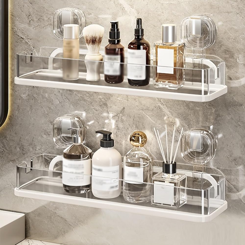 Easy Install Suction Cup Bathroom Shelf, No Drilling Required, Thick Plastic & Aluminum Alloy, Wall Mounted Shower Rack, Bathroom Organizing Accessories, Corner Storage