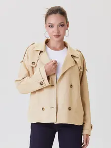 Women's Classy Solid Color Notch Lapel Double Breasted Waist Tie Jacket, Cozy Fall & Winter Button Epaulets Outerwear, Basic Lady Streetwear