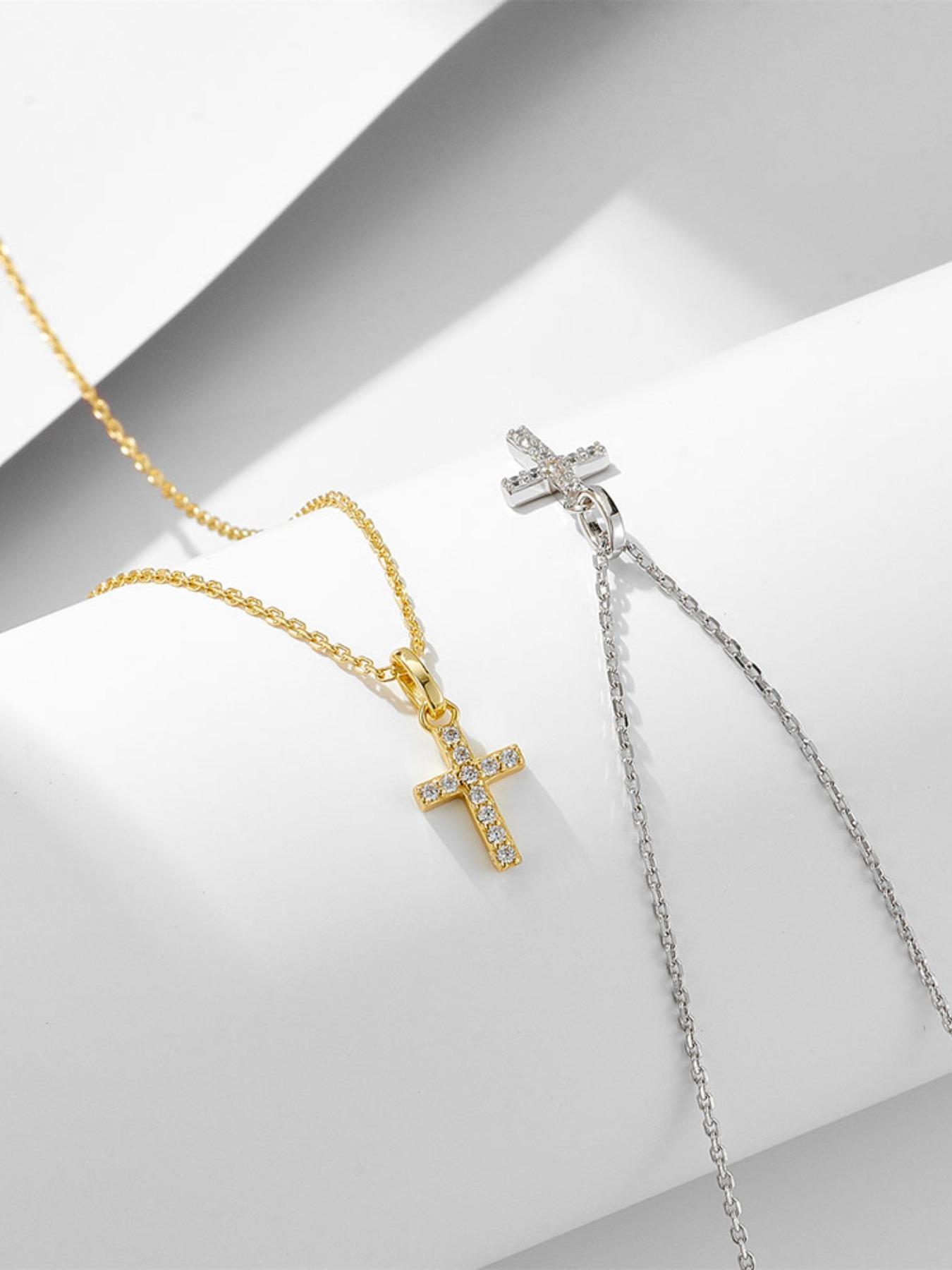 925 Sterling Silver Synthetic Zircon Inlaid Cross Pendant Necklace, Fashion Jewelry for Party, Daily Clothing Decor, Trendy All-match & Exquisite Jewelry for Gift, Cross Design Pendant