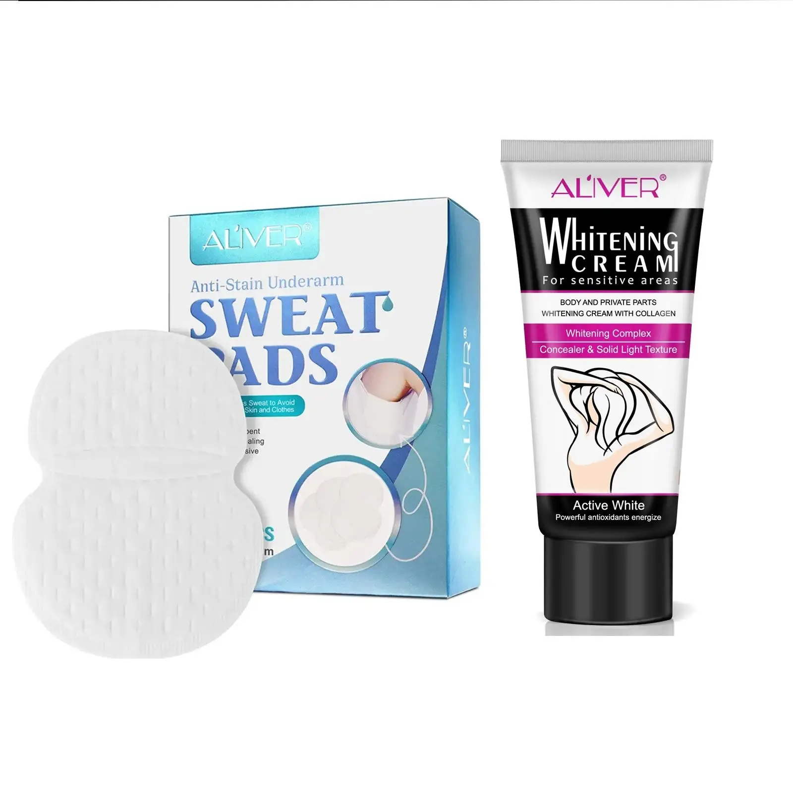 Aliver Underarm Brightening Balm + Sweat Absorbing Pads (28pcs), 2-Piece Set, Multi-Pack, Effective Moisture Control & Skin Care Solution