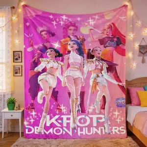 K-Pop Style Hunter Anime Throw Blanket, Pink Idol Group Artwork with Crystal Weapons and Star Stage Glow, Cute Bedroom Accent for Teens, Dorm Sofa, Reading Nook, Nap Time, Sleepover Decor, Birthday Surprise and Girl Squad Gift