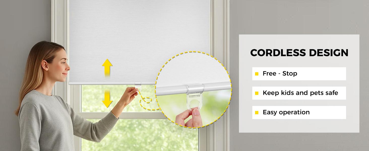 No Tools No Drill Cordless Blackout Roller Shades for Indoor Windows, Easy to Install, Darkens Rooms, Blocks Heat, and Protects Against UV Rays, Window Size 34" W * 48" H White