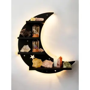 Moon Shelf with LED Light – 12" Moon Wall Light Floating Shelf, Witchy Decor for Bedroom, Unique, No Assembly Crystal & Trinket Display Wall Shelves for Boho Home