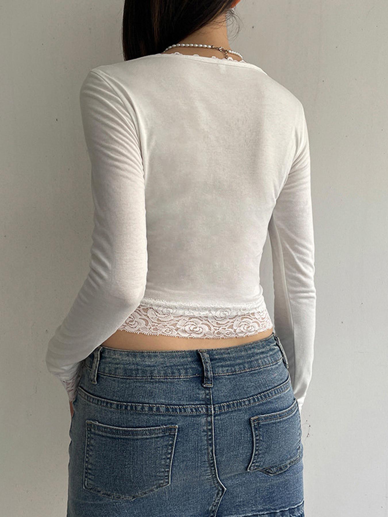 Women's Plain Lace Trim Square Neck Tee, Casual Long Sleeve T