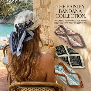 70cm Vintage Paisley Silk Satin Scarf for Women, Elegant French Necktie, Summer Beach Hair Scarf, Retro Headwrap Beret