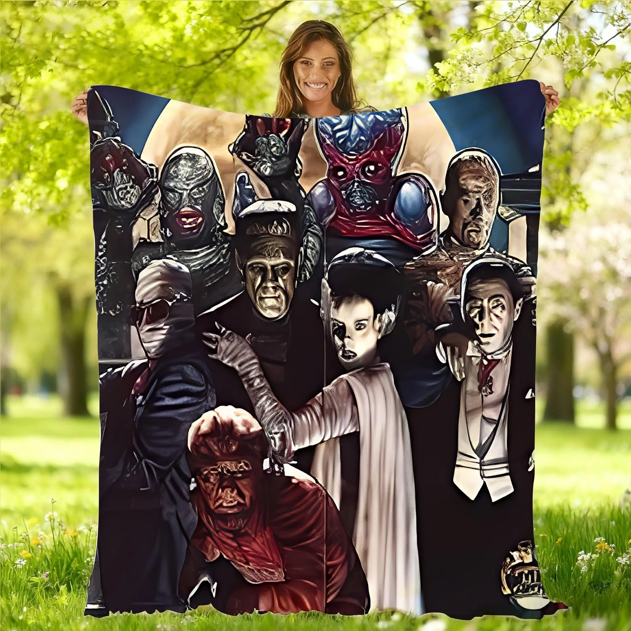 Universal Classic Monsters Group Portrait Anti-Pill Flannel Throw Blanket, Vintage Retro Horror Movie Characters Collage, Warm Bedding for Home Room House Decor, Gift for Classic Horror Fans, Room Decor, Dark Cinematic