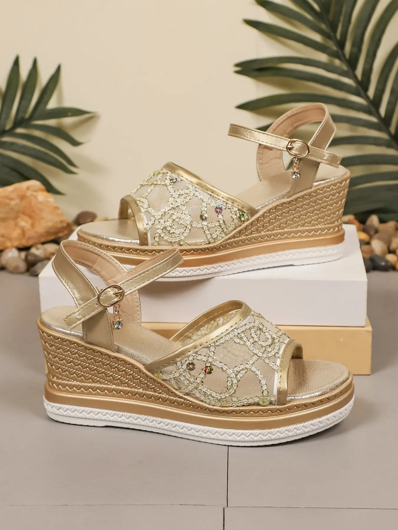 Women Lace Mesh Espadrille Wedge Sandals, Rhinestone Open Toe Ankle Strap Platform Wedge Heels, Summer Bohemian Vacation Sandals