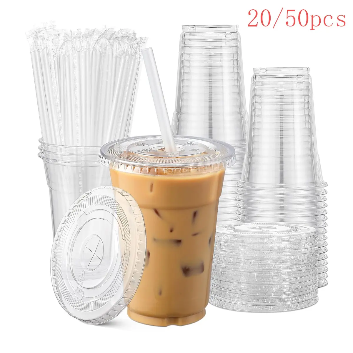 20/50 Pack 16oz Transparent High Quality Plastic Cup Lids and Straws, Disposable Coffee Cups for Iced Coffee, Cold Drinks, Smoothies, Party Supplies, Disposable Cups with Lids and Straws, Plastic Clear Cups