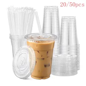 20/50 Pack 16oz Transparent High Quality Plastic Cup Lids and Straws, Disposable Coffee Cups for Iced Coffee, Cold Drinks, Smoothies, Party Supplies, Disposable Cups with Lids and Straws, Plastic Clear Cups