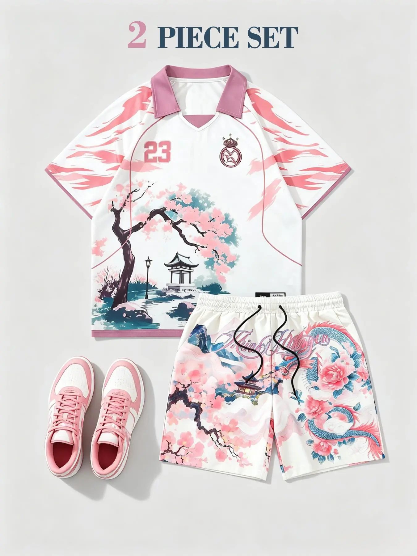 Men's Loose Japanese Style Aesthetics Two-Piece Set, Collar V-Neck Floral Print Jersey + Dragon Cherry Blossom Drawstring Shorts, Y2K Streetwear