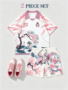 Men's Loose Japanese Style Aesthetics Two-Piece Set, Collar V-Neck Floral Print Jersey + Dragon Cherry Blossom Drawstring Shorts, Y2K Streetwear