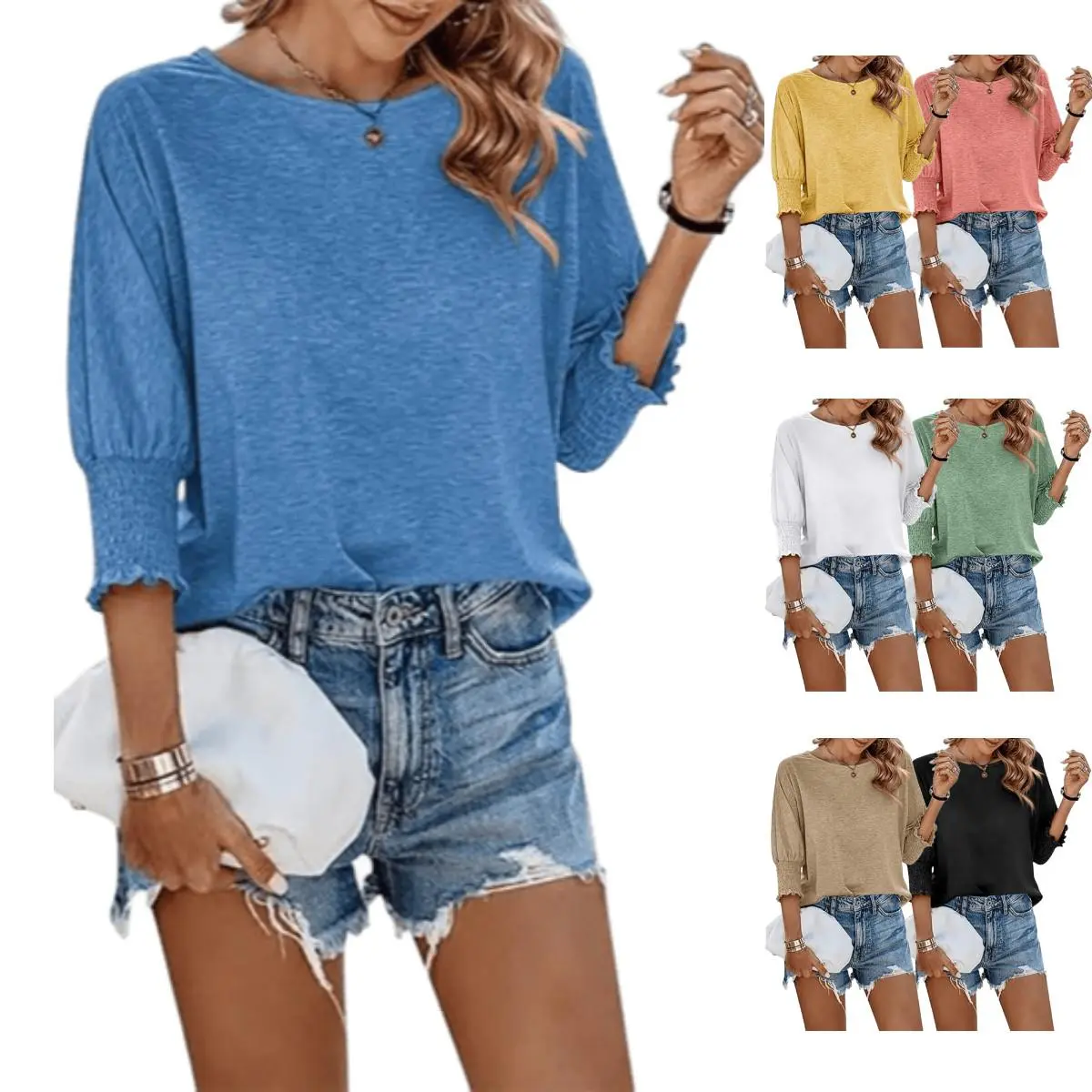 Imily Bela Women's 3/4 Sleeve Casual Tops Solid Color Crew Neck Loose Fit Shirts Blouses