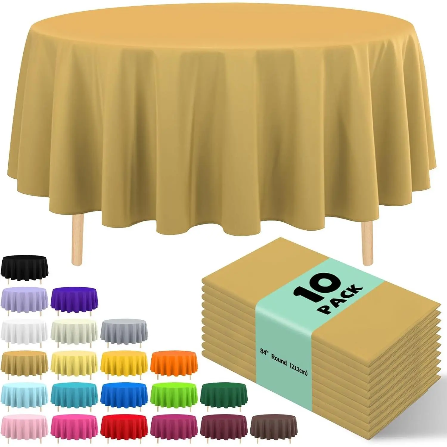 10-Pack Premium Smooth Waterproof Vinyl Disposable Plastic Tablecloth, 84in Round Farmhouse Table Cover for Birthdays, Weddings, Decor Events (Gold), Water Proof