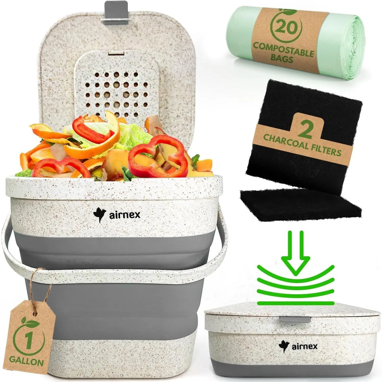 Collapsible Compost Bin Kitchen Counter Caddy - 1 Gallon Countertop Compost Bin with Lid Made of Wheat Straw Odorless Kitchen Compost Bin with 20 Compost Bags and 2 Carbon Filters