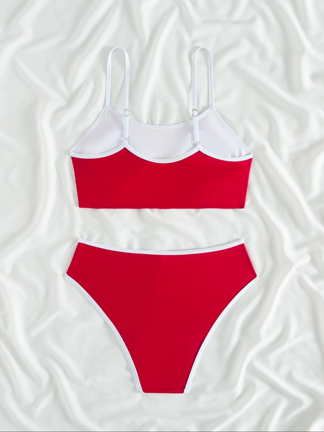 Two-piece Set Women's Solid Color Bikini Set, Casual Adjustable Strap Swim Top & High Cut Swim Bottom, Two-piece Swimsuit for Beach Holiday Vacation, High Waist Swimsuit, High Waisted Swimsuit