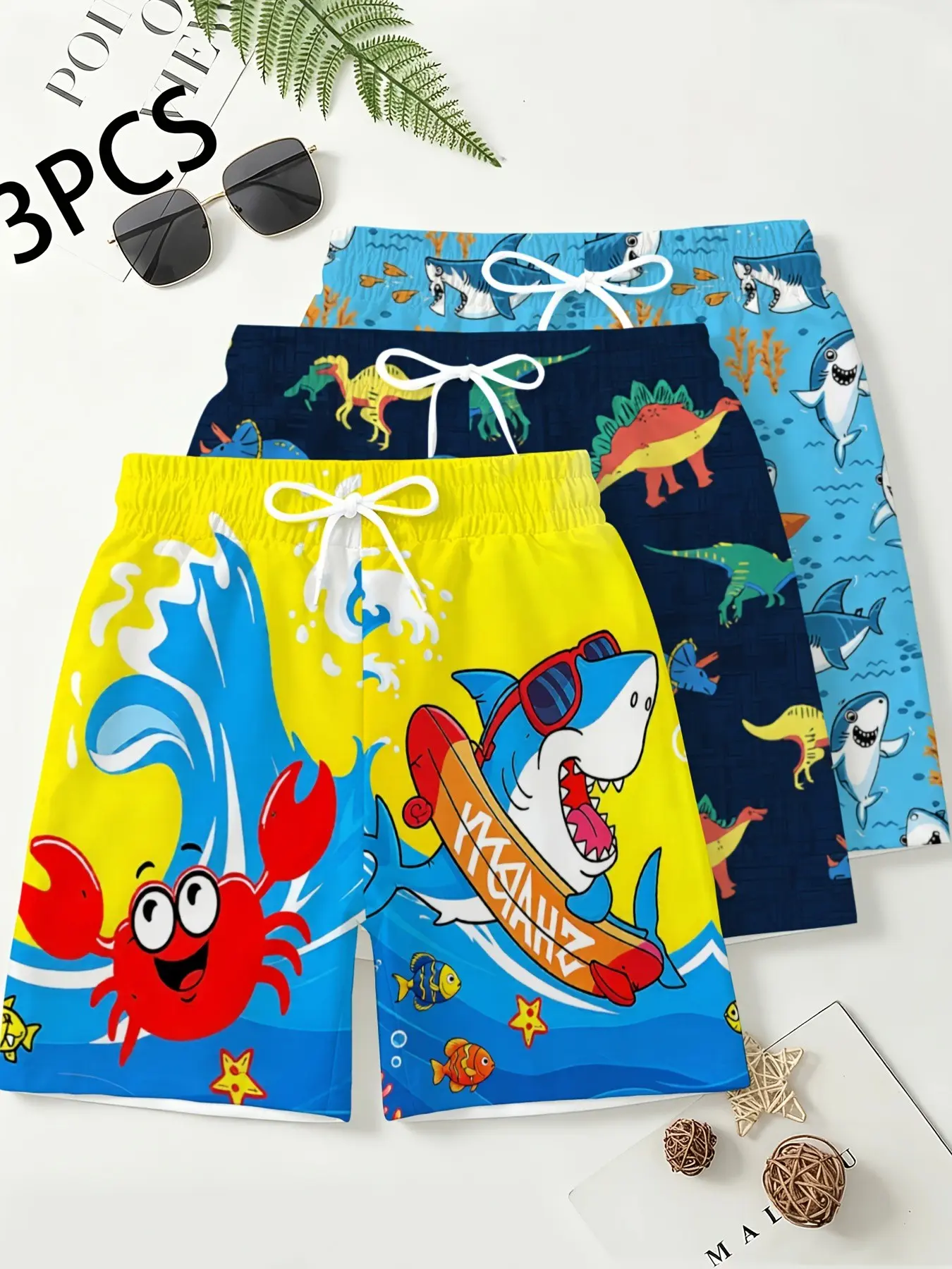 Men Women Fashion Beach Shorts, 3 Pcs Cartoon Shark Dinosaur Print, Polyester Material, Multiple Sizes, Casual Outdoor Wear