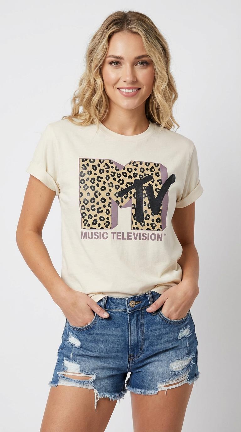 Women's MTV Leopard Print Round Neck Tee Fitted Short Sleeve T-Shirt for Summer Casual Wear Ladies Clothes Top with Unique Print and Durable Fabric